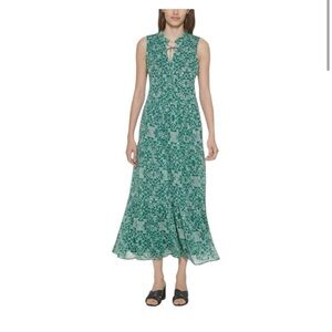 Calvin Klein Tiered Midi Dress Sleeveless Green Resort Leaf Spring Summer Size 2